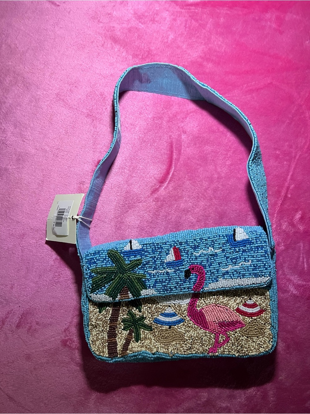 Beaded Flamingo Beach Scene Shoulder Bag - Picture 2 of 8